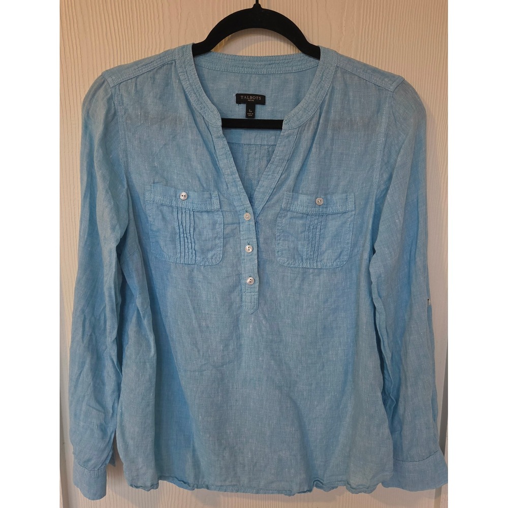 Talbots 100% Linen Blue Henley Tunic Blouse Top S Petite Coastal Resort Travel
